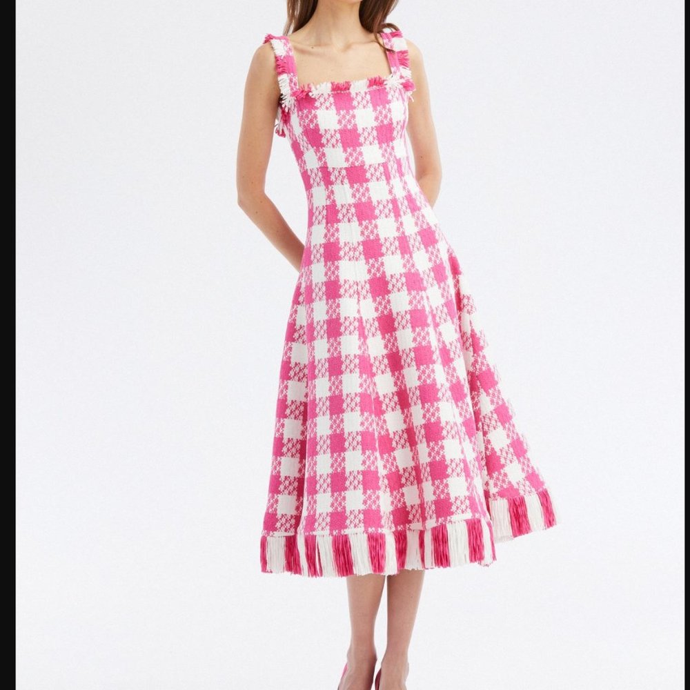 NEW WITH TAGS! OSCAR DE LA RENTA Fringed checked cotton-blend tweed midi dress